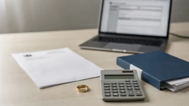 Dokumente, Ring und Taschenrechner zum Thema Steuer-ID nach der Hochzeit auf einem Schreibtisch