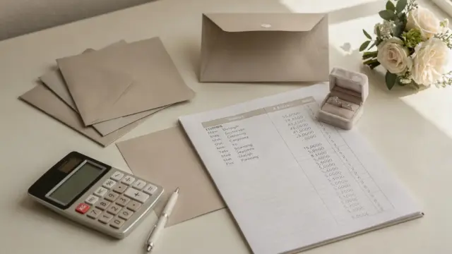 Hochzeitsbudget festlegen: Planungsunterlagen mit Taschenrechner, Notizbuch und Deko auf einem hellen Schreibtisch