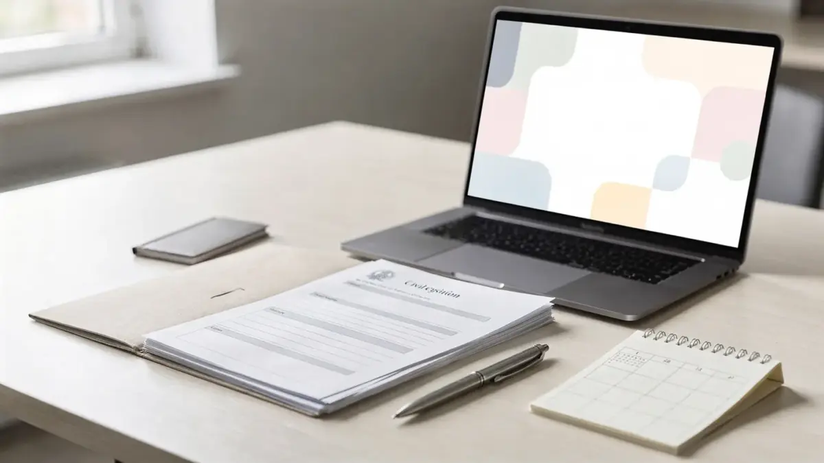 Hochzeitsdokumente und Fristen: Unterlagen, Kalender und Formulare auf einem Schreibtisch