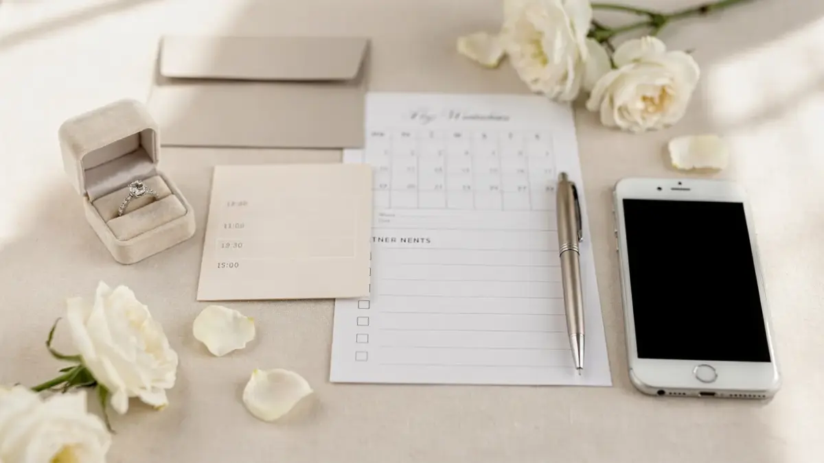 Hochzeit-Tagesablauf mit Kalender, Checkliste und Deko für den Zeitplan einer Hochzeit