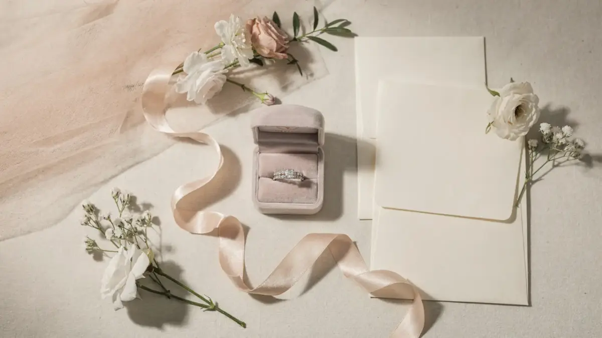 Hochzeitsaccessoires wie Schleier, Ringschachtel und Einladungskarten auf hellem Tisch zur Lieferzeit-Planung