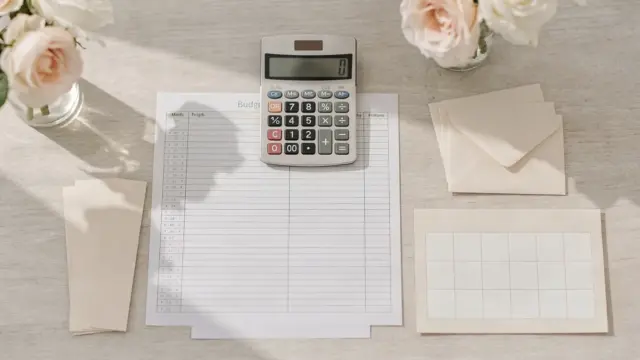 Hochzeitsbudget pro Gast berechnen: Taschenrechner, Budgetplan und Kalender auf einem Planungsdesk