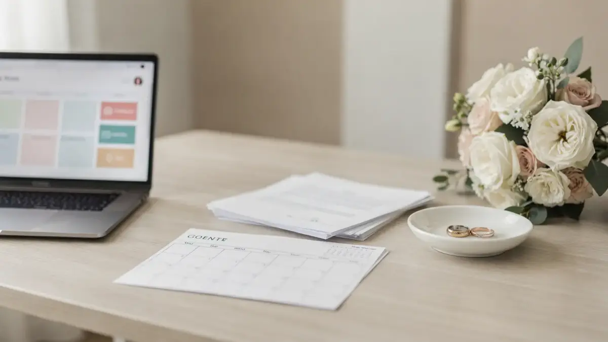 Hochzeitsplanung mit Kalender, Verträgen und Ringen als Motiv zur Hochzeitsausfallversicherung