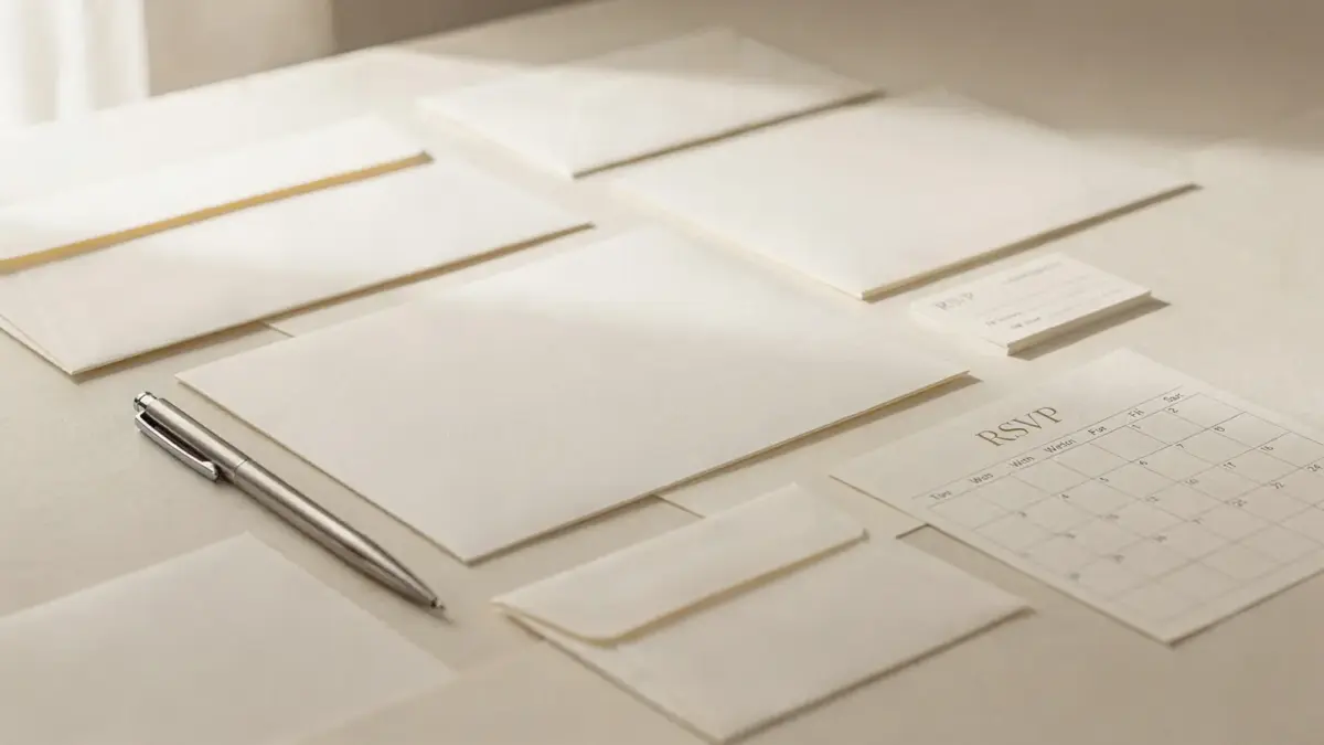 Hochzeitseinladungen mit Umschlägen, RSVP-Karte und Kalender zum Thema Versand und Fristen