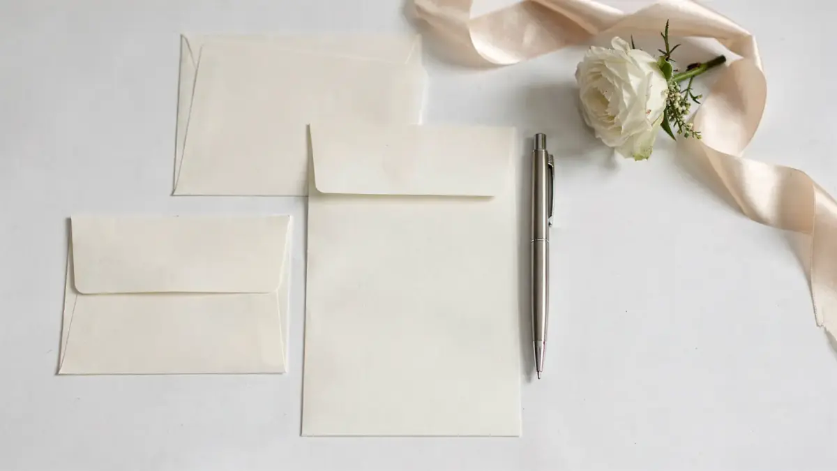 Hochzeitseinladung mit Karten, Umschlag und Deko als Beispiel für Inhalt und Pflichtangaben