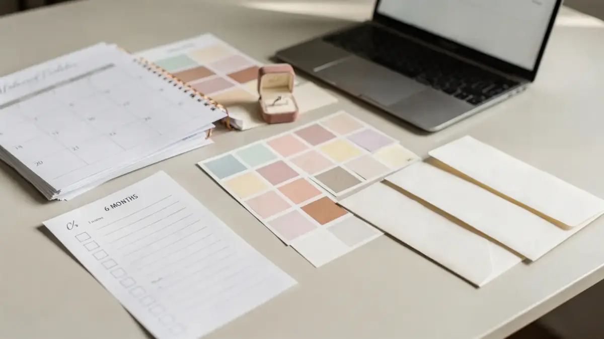 Hochzeitsplanung in 6 Monaten mit Kalender, Checklisten und Einladungskarten auf einem Schreibtisch