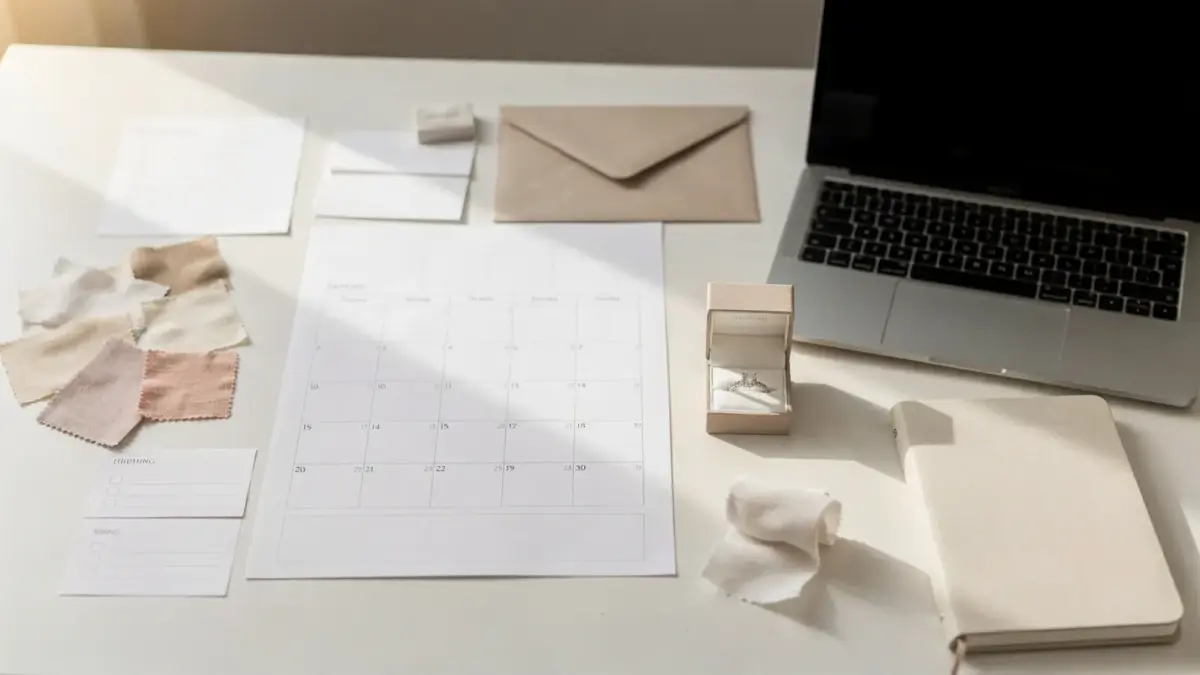 Geordneter Hochzeitsplanungs-Workspace mit Kalender, Checkliste und Ringbox für 12 Monate vor der Hochzeit
