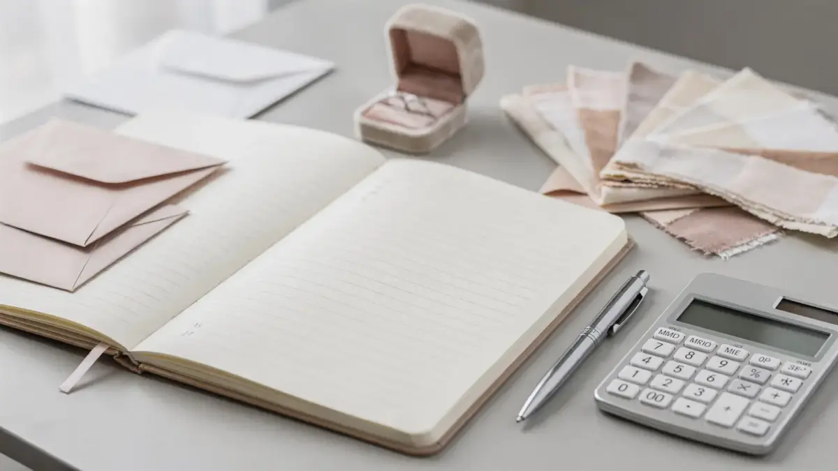 Hochzeitskosten auflisten: Notizbuch mit Budgetposten, Taschenrechner und Hochzeitszubehör auf dem Tisch
