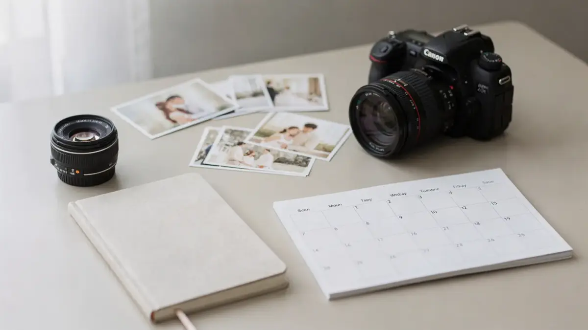 Kamera, Notizbuch und Fotomappe zur Auswahl eines Hochzeitsfotografen