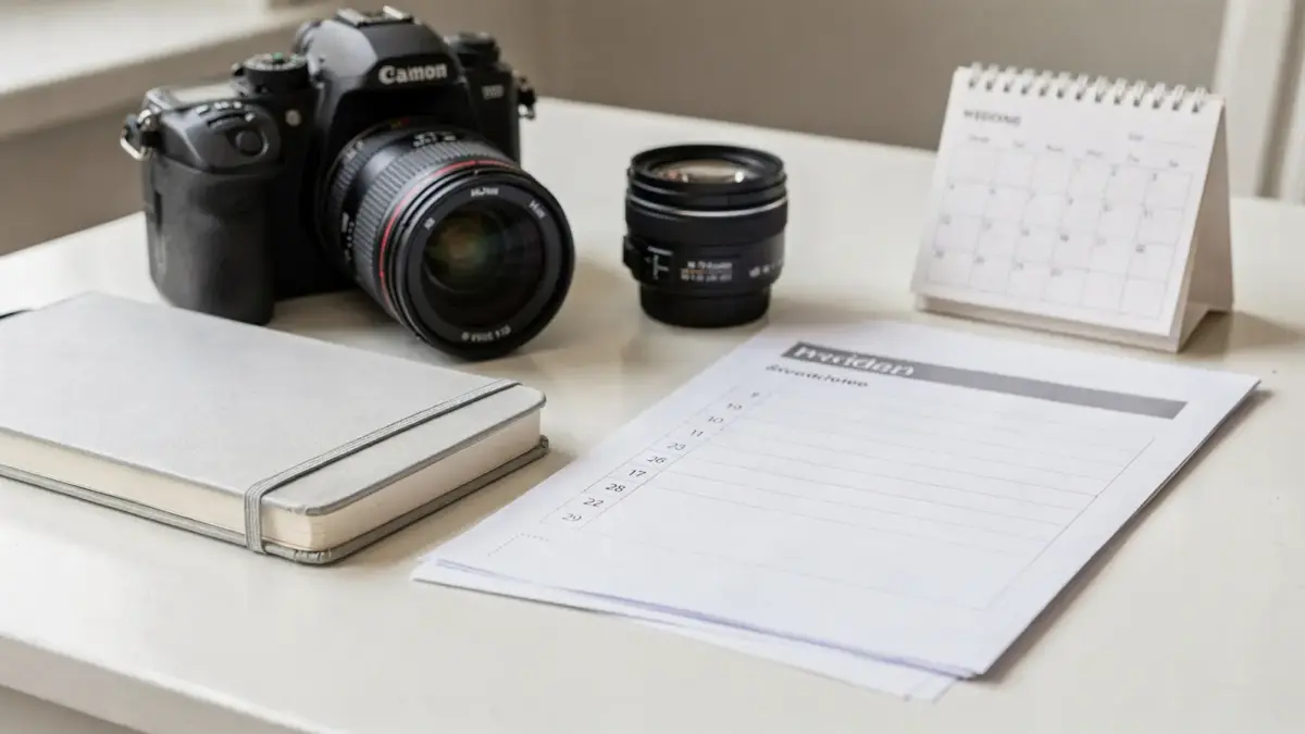 Kamera und Planungsunterlagen zum Thema Hochzeitsfotograf Kosten