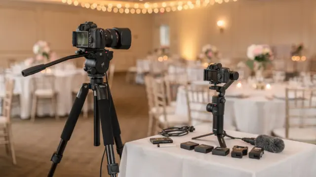 Hochzeitsvideograf-Equipment bei einer Hochzeitsfeier mit Kamera, Stativ und Mikrofon