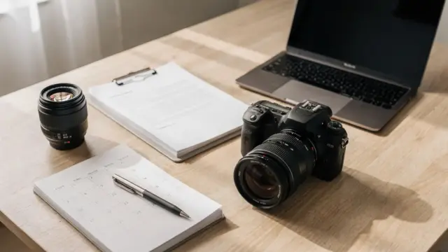Hochzeitsfotograf buchen: Kamera, Kalender und Vertragsunterlagen auf einem Tisch