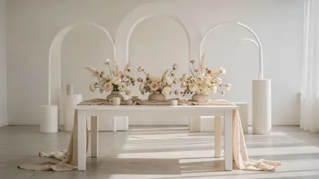 Minimalistische Hochzeitsdekoration mit weißem Tisch, dezenten Blumen und neutralen Textilien für eine moderne Hochzeit