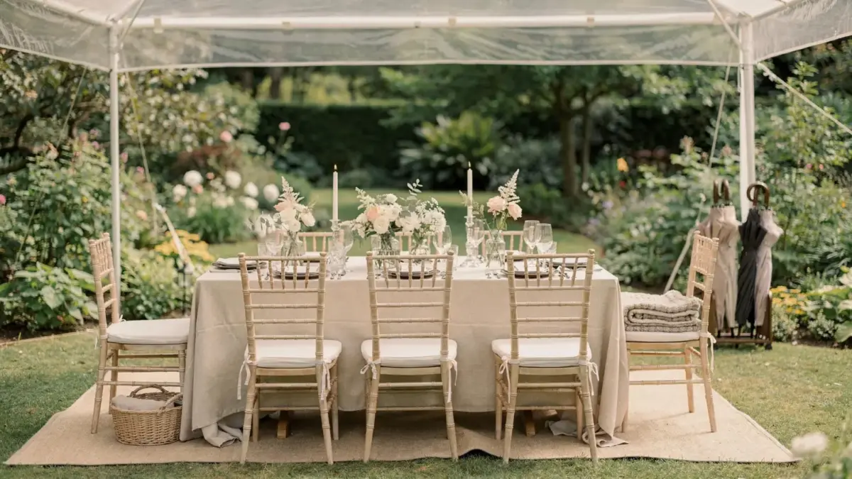 Gartenhochzeit mit Deko, gedecktem Tisch, Blumen und wetterfester Planung im Grünen