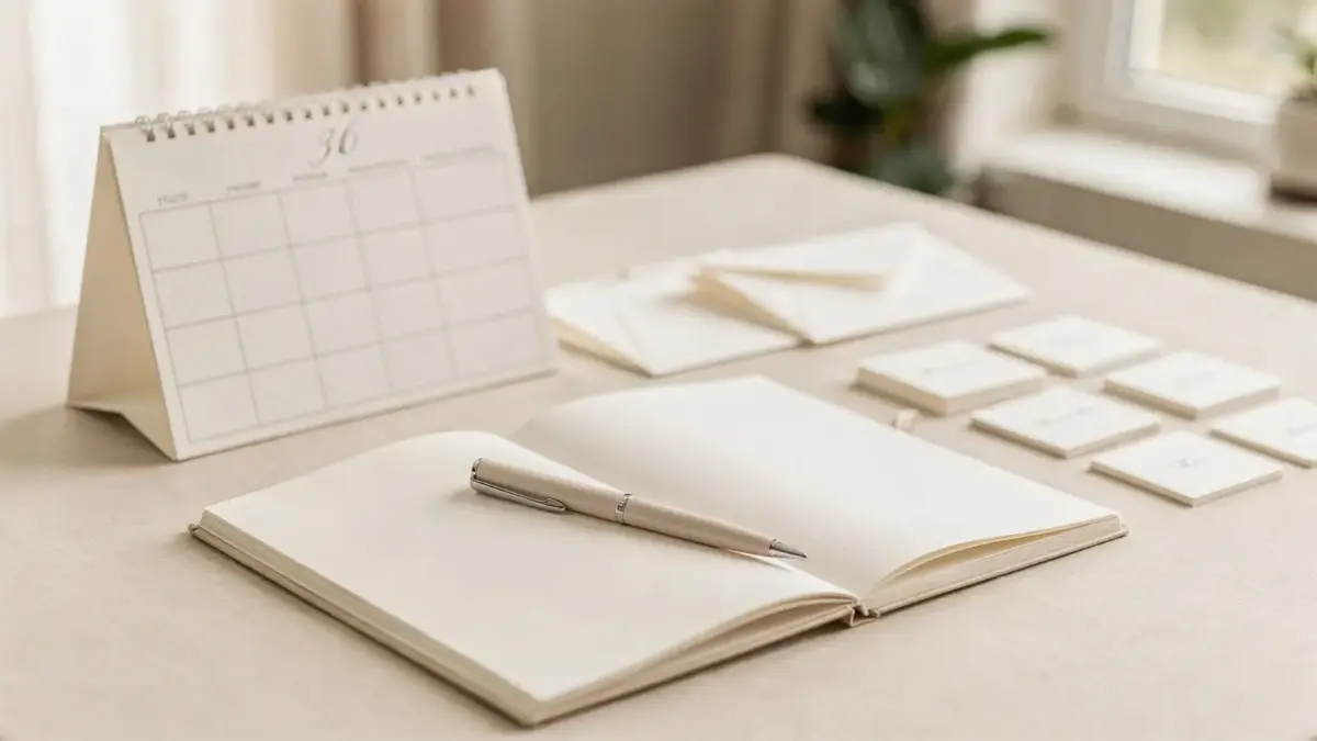 Notizbuch, Kalender und Karten zur Gästeliste für die Hochzeit auf einem Schreibtisch