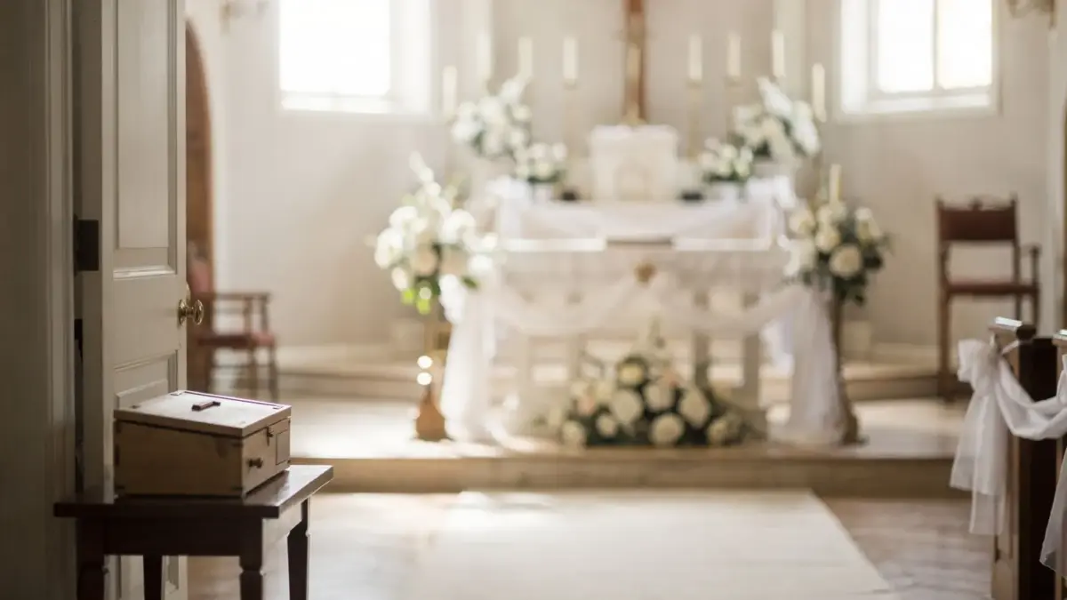 Kirchliche Trauung: Kosten, Gebühren und Spenden in einer hellen Kirche mit Blumen und Spendenbox