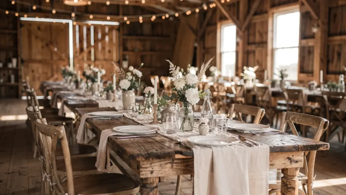 Rustikale Scheunenhochzeit mit Holztafeln, Lichterketten und Blumenschmuck in einer Scheune