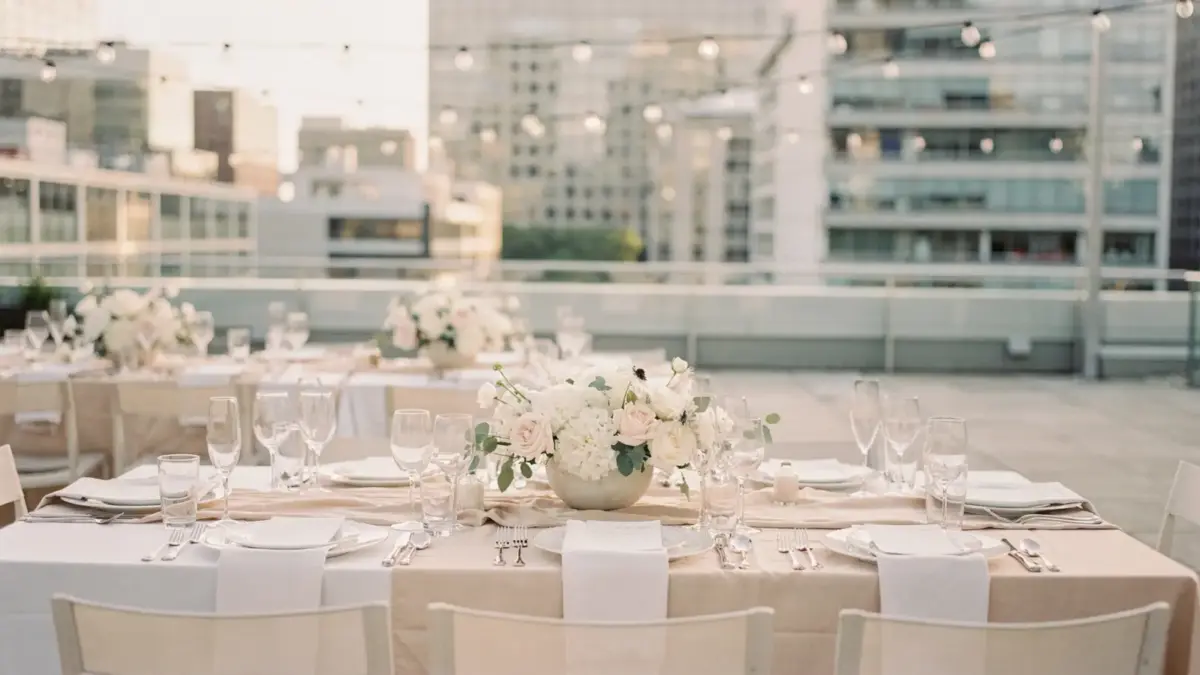 Urbanes Hochzeits-Setting mit Rooftop-Tisch, Blumen und Lichterketten als Stadt-Hochzeit Inspiration