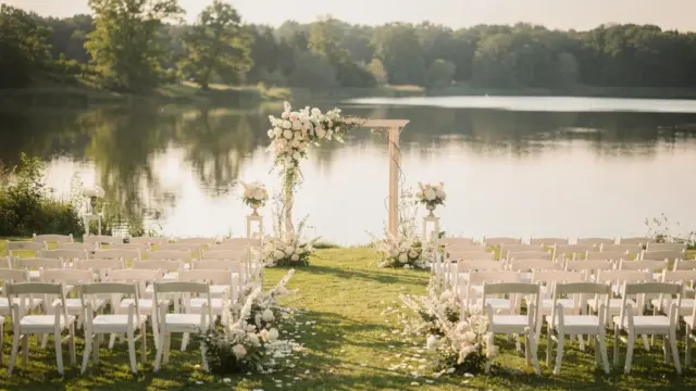 Lakeside wedding setup mit Stühlen und Blumenbogen für eine Hochzeit am See