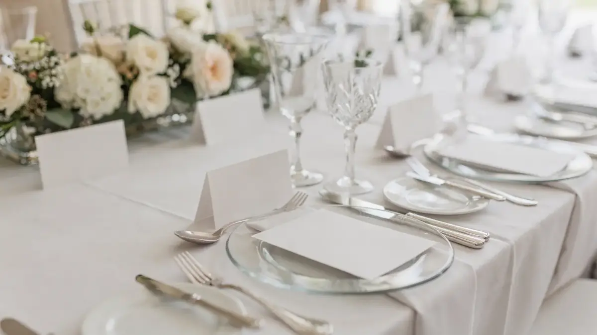 Tischkarten zur Hochzeit auf dekoriertem Tisch mit Namenskarten und Tischnummern