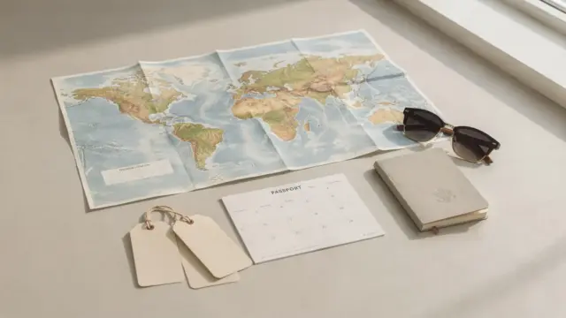 Honeymoon-Planung mit Kalender, Reisepass und Weltkarte zum Thema Flitterwochen nach der Hochzeit