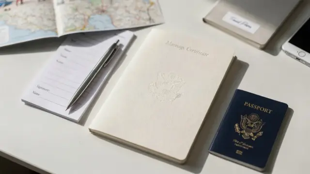 Unterlagen nach der Hochzeit: Heiratsurkunde, Formular und Reisepass auf einem Schreibtisch