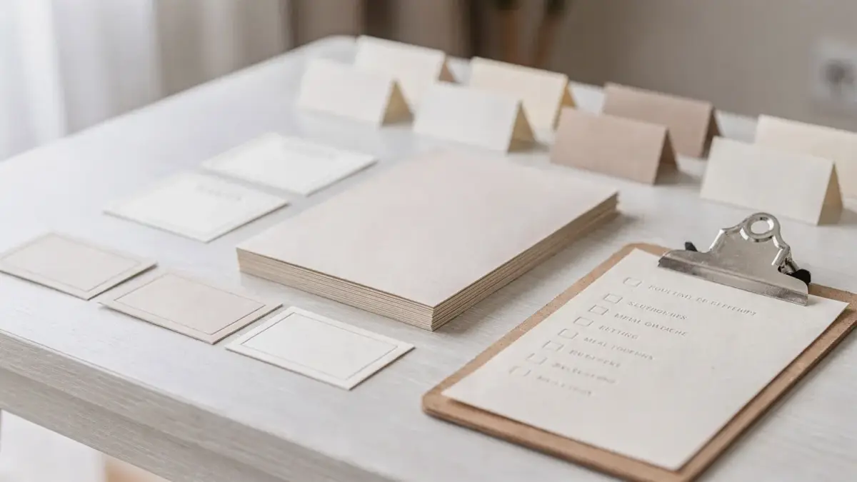 Hochzeitsplanung mit Gästeliste und Essenswünschen auf Karten und Formularen