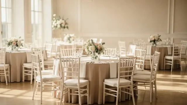 Elegante Hochzeitslocation mit festlich gedeckten Tischen für das Thema Hochzeitslocation Kosten