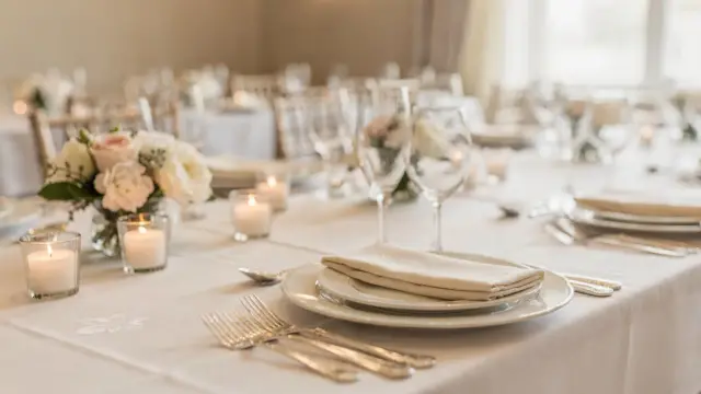 Elegantes Hochzeitsessen mit gedecktem Tisch und Menügängen für die Kosten pro Person