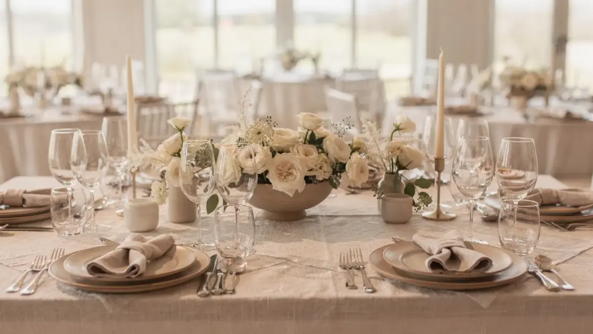 Elegante Hochzeitsdekoration auf einer Festtafel als Beispiel für Hochzeitsdeko-Kosten