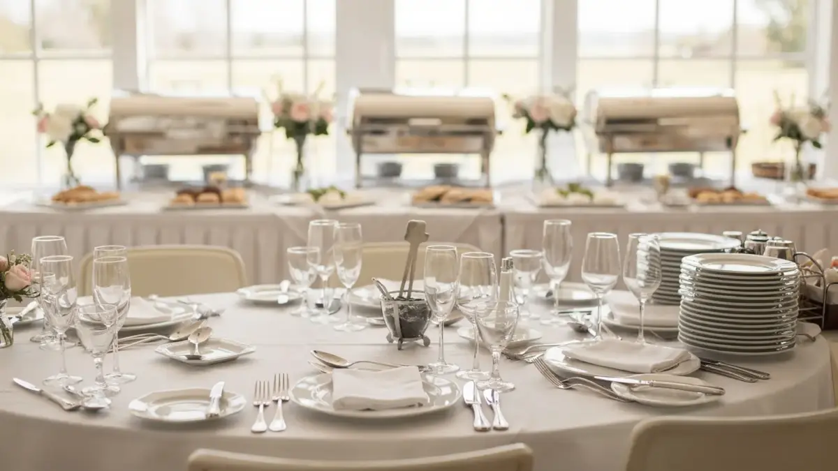 Hochzeitscatering mit Buffet, Geschirr und Blumen auf einer elegant gedeckten Hochzeitsfeier