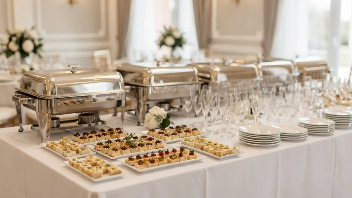 Hochzeitscatering-Buffet mit Speisen und Geschirr in einer eleganten Hochzeitslocation