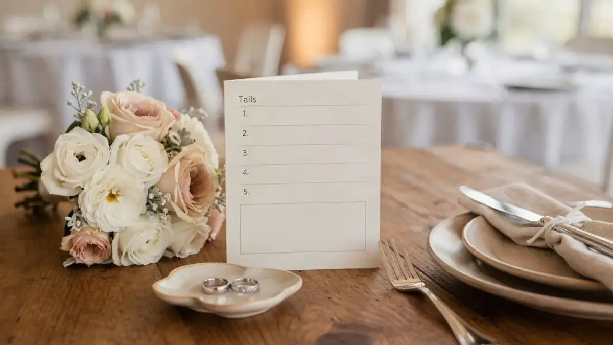 Hochzeitsablauf Beispiel mit Tagesplan, Tischdeko und Hochzeitsringen für Trauung, Empfang und Feier