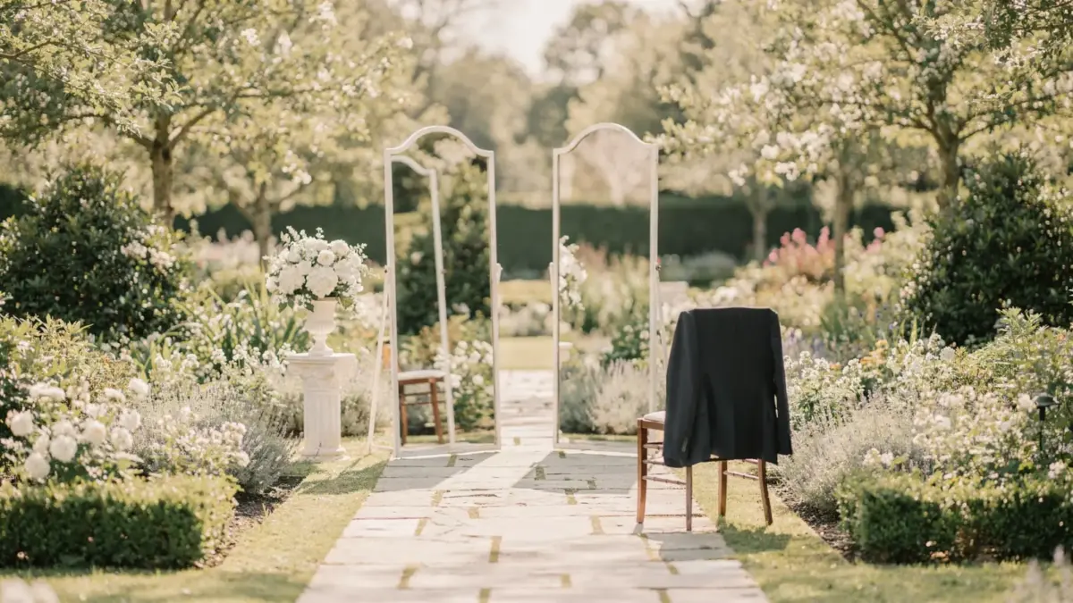 Braut und Bräutigam beim First Look Hochzeit im Garten vor der Trauung