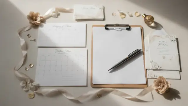 Hochzeitstagesablauf mit Kalender, Ablaufplan und Einladungskarten zur Planung des Hochzeitstags