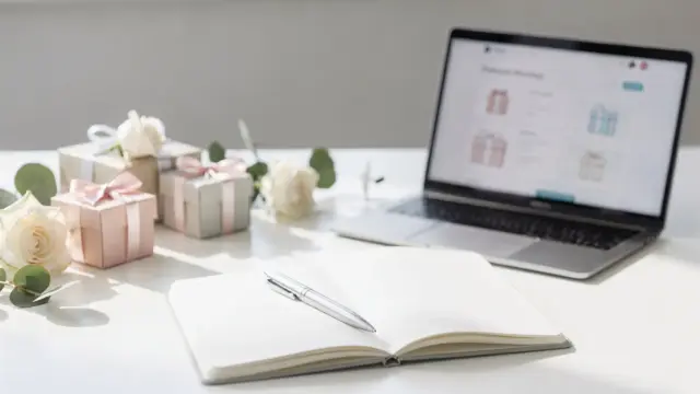 Hochzeits-Wishlist mit Notizbuch, Geschenkboxen und Laptop zur Planung für das Brautpaar