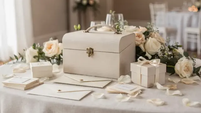 Hochzeit-Geschenkbox auf einem festlich gedeckten Tisch zur Sammelstelle für Karten und Geldgeschenke