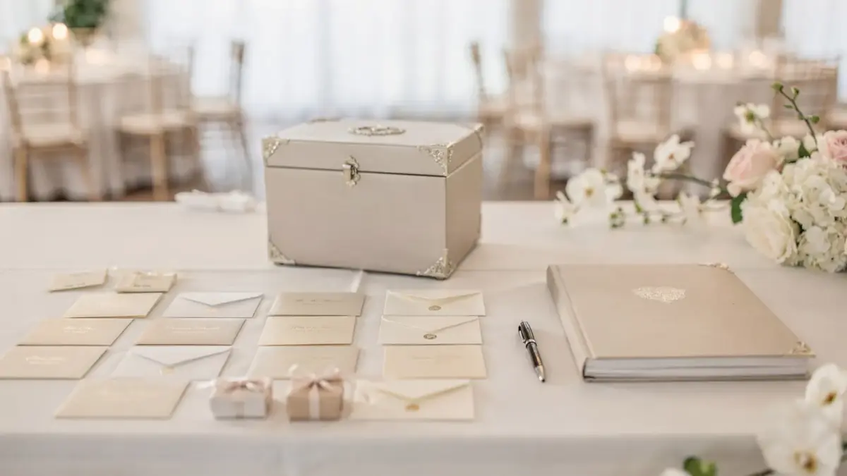 Hochzeitstisch mit Kartenbox und Umschlägen als Motiv zum Thema Geldgeschenke zur Hochzeit wünschen