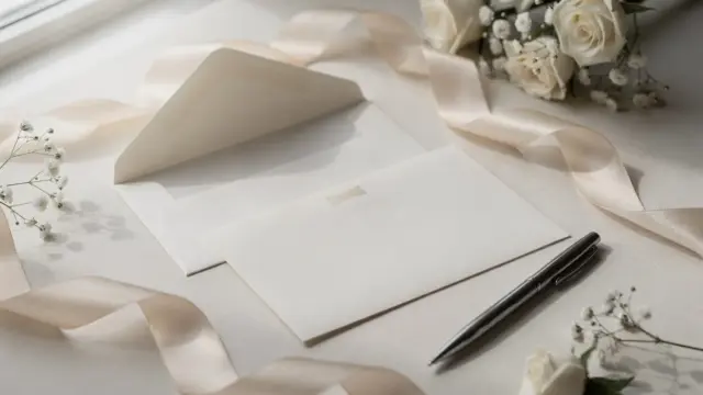 Hochzeit-Dankeskarte mit Karten, Umschlag, Stift und dezenten Hochzeitsdetails auf einem Tisch
