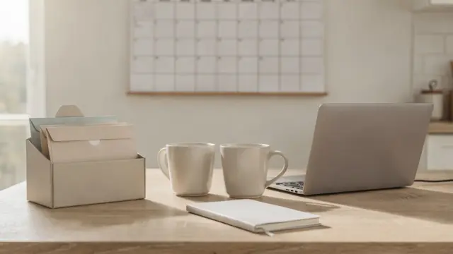 Gemeinsamer Haushalt nach der Hochzeit mit Kalender, Laptop und Haushaltsbuch auf einem Tisch