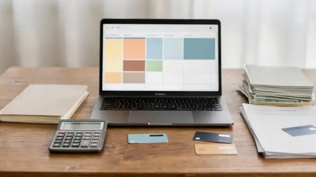 Geordnete Unterlagen, Laptop und Rechner zum Thema Finanzen als Ehepaar: Konten, Budget und Absicherung klar regeln