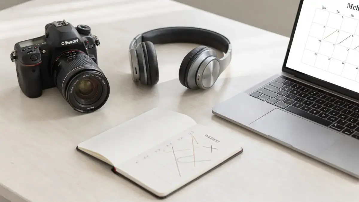 Planungsdesk mit Kamera und Kopfhörern zum Thema Fotograf und DJ zur Hochzeit buchen