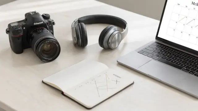 Planungsdesk mit Kamera und Kopfhörern zum Thema Fotograf und DJ zur Hochzeit buchen