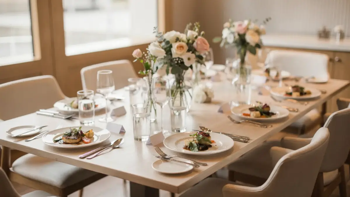 Probeessen zur Hochzeit: gedeckter Tisch mit Probierhäppchen und Karten in einem Restaurant
