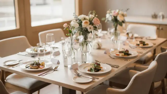 Probeessen zur Hochzeit: gedeckter Tisch mit Probierhäppchen und Karten in einem Restaurant