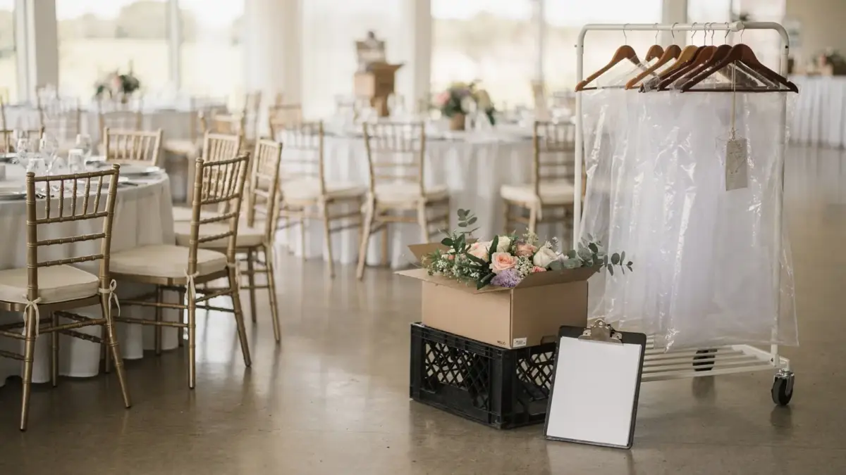 Koordination von Anlieferung und Aufbau am Hochzeitstag in einer Hochzeitslocation mit Deko, Tischen und Material