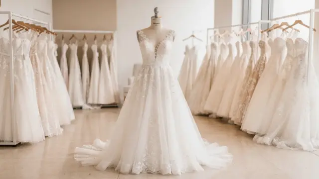 Brautkleider in einer Boutique zum Thema Brautkleid-Kosten und Durchschnittspreis