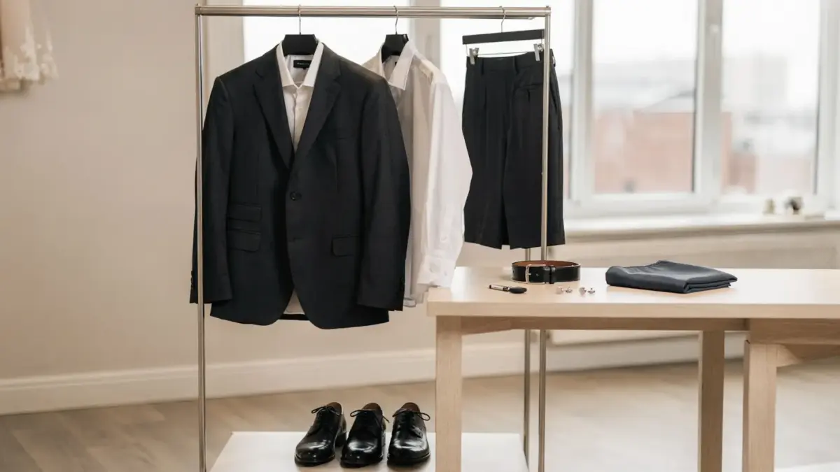 Hochzeitsanzug mit Accessoires in einer Boutique für den Artikel zu Hochzeitsanzug Kosten
