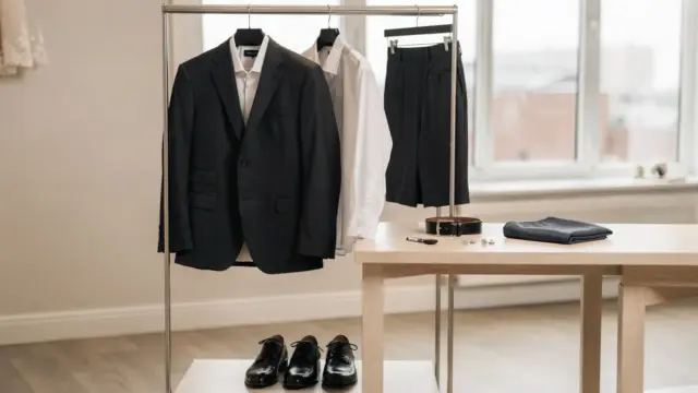 Hochzeitsanzug mit Accessoires in einer Boutique für den Artikel zu Hochzeitsanzug Kosten