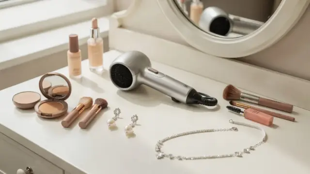 Bridal styling Kosten mit Frisur, Make-up und Schmuck auf einem geordneten Schminktisch